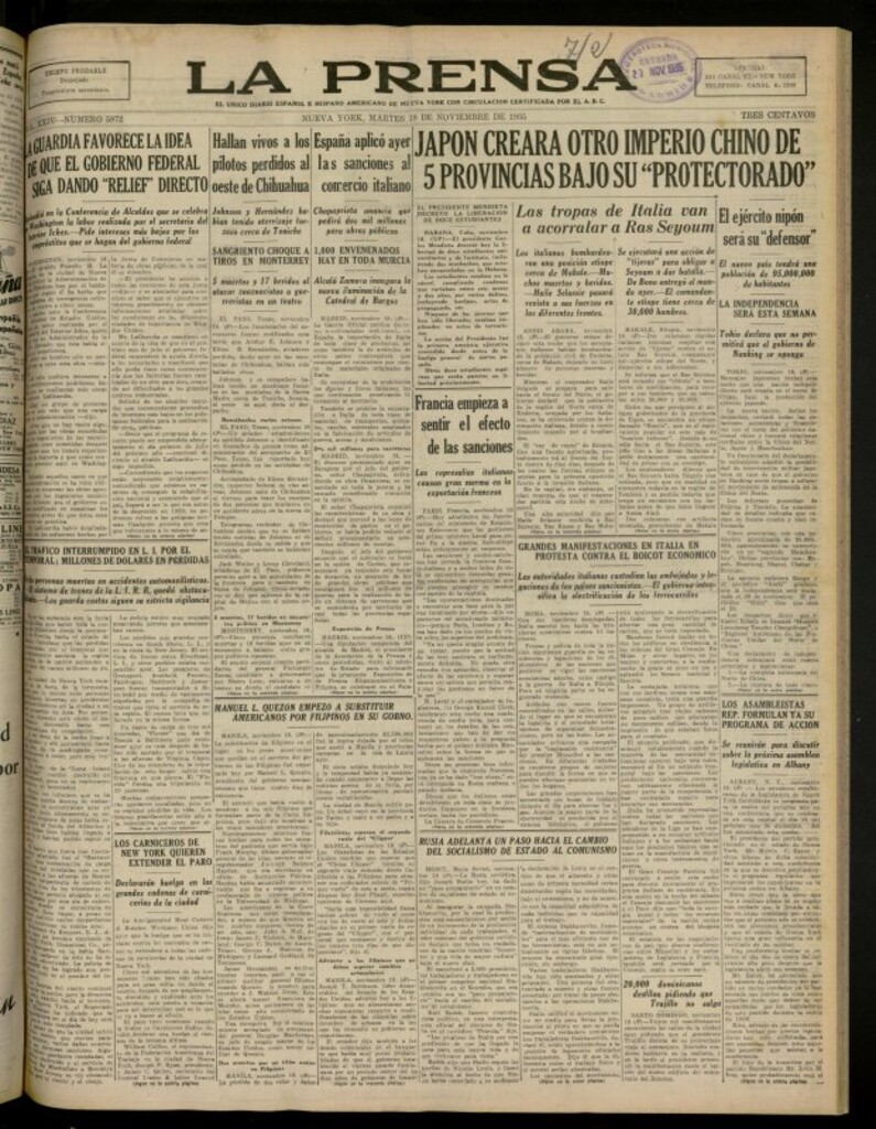 Miniatura de La Prensa: único diario español e hispano americano en Nueva York del 19 de noviembre de 1935, nº 5872