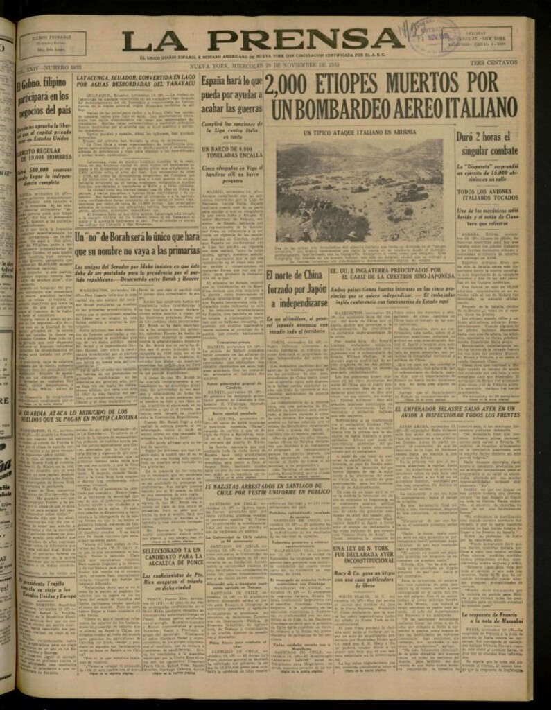 Miniatura de La Prensa: único diario español e hispano americano en Nueva York del 20 de noviembre de 1935, nº 5873