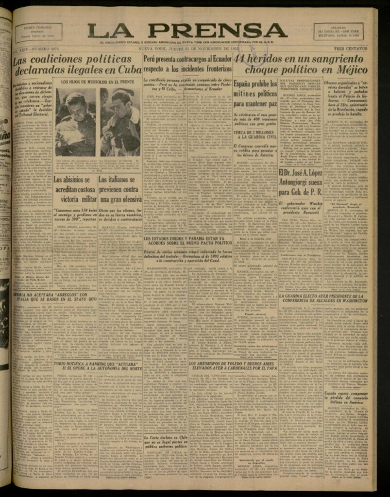 Miniatura de La Prensa: único diario español e hispano americano en Nueva York del 21 de noviembre de 1935, nº 5874
