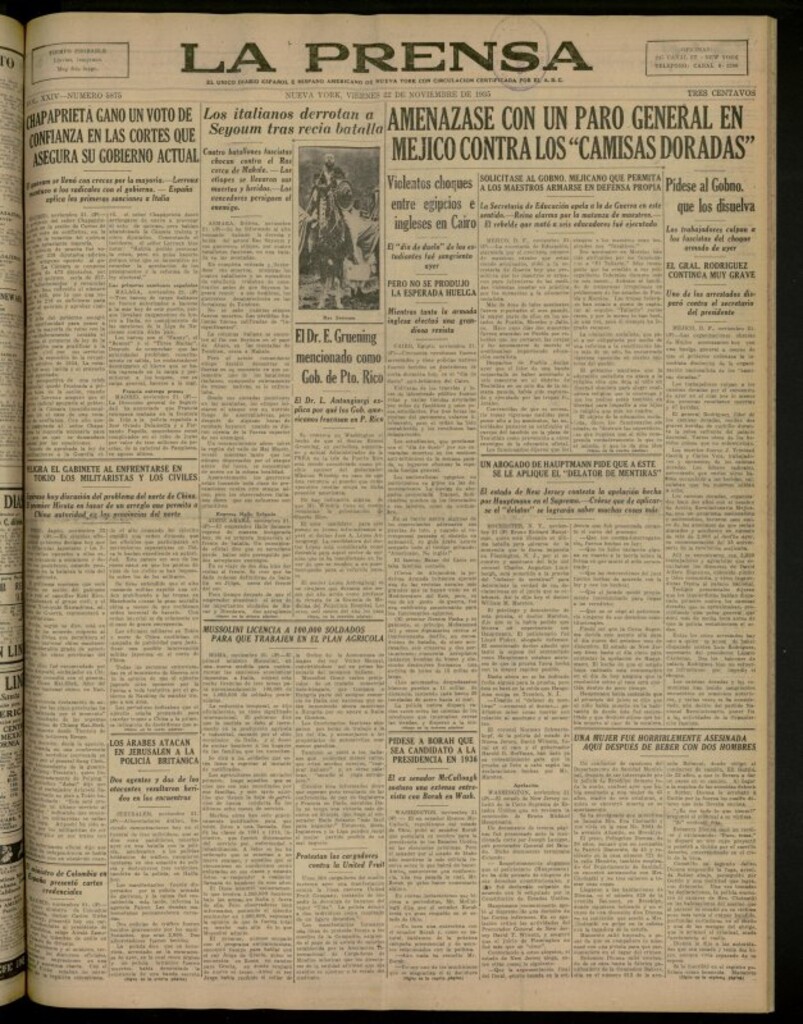 Miniatura de La Prensa: único diario español e hispano americano en Nueva York del 22 de noviembre de 1935, nº 5875