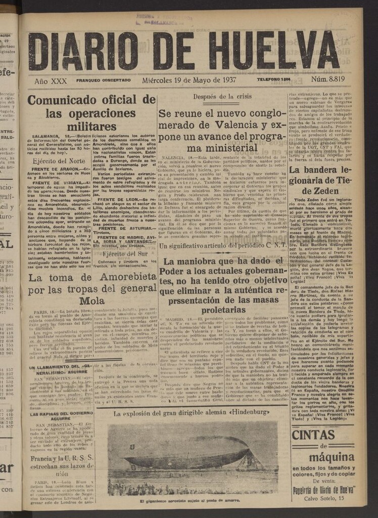 Miniatura de Diario de Huelva : periódico independiente del 19 de mayo de 1937