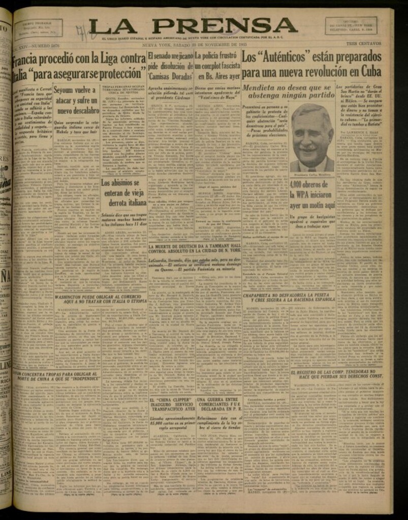 Miniatura de La Prensa: único diario español e hispano americano en Nueva York del 23 de noviembre de 1935, nº 5876