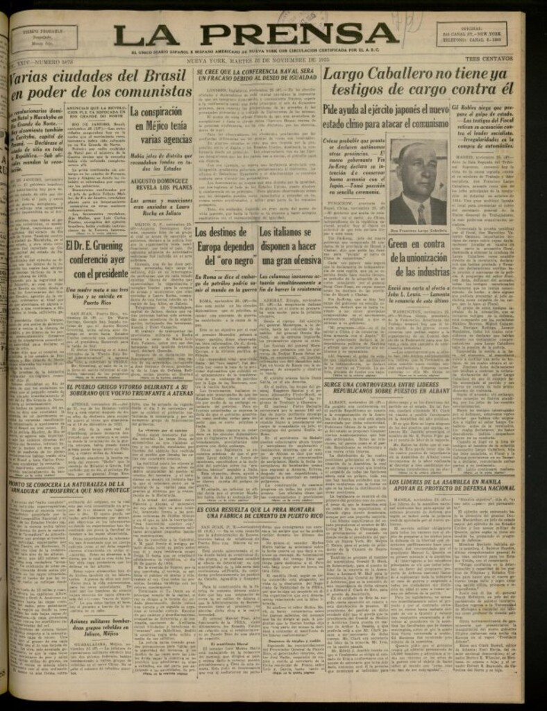 Miniatura de La Prensa: único diario español e hispano americano en Nueva York del 26 de noviembre de 1935, nº 5878