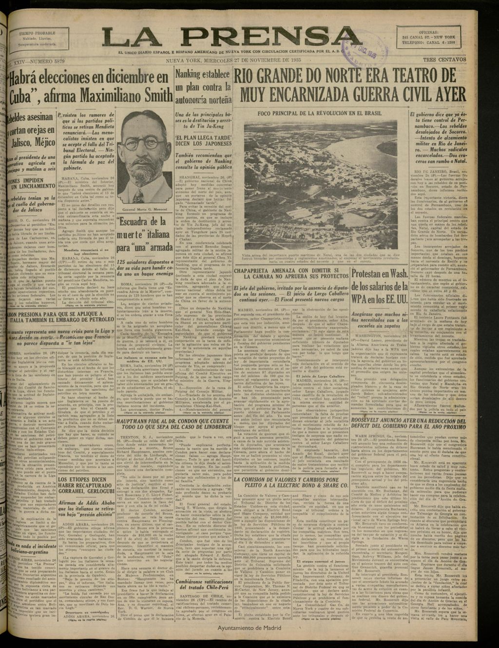 Miniatura de La Prensa: único diario español e hispano americano en Nueva York del 27 de noviembre de 1935, nº 5879