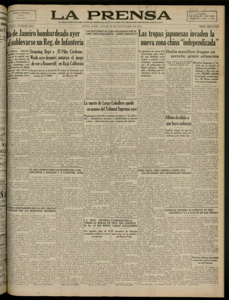 Miniatura de La Prensa: único diario español e hispano americano en Nueva York del 28 de noviembre de 1935, nº 5880
