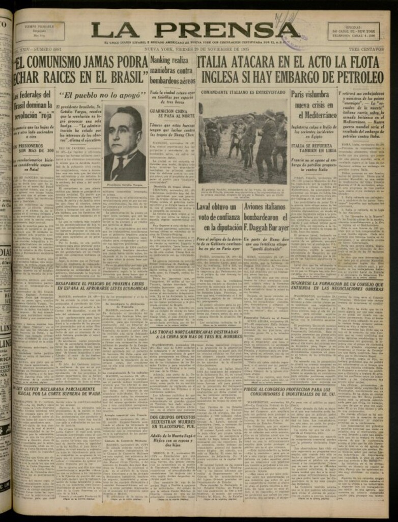 Miniatura de La Prensa: único diario español e hispano americano en Nueva York del 29 de noviembre de 1935, nº 5881
