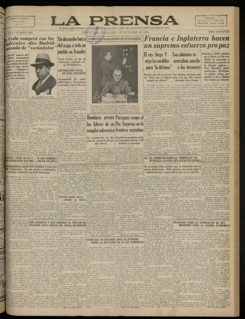 Miniatura de La Prensa: único diario español e hispano americano en Nueva York del 4 de diciembre de 1935, nº 5885