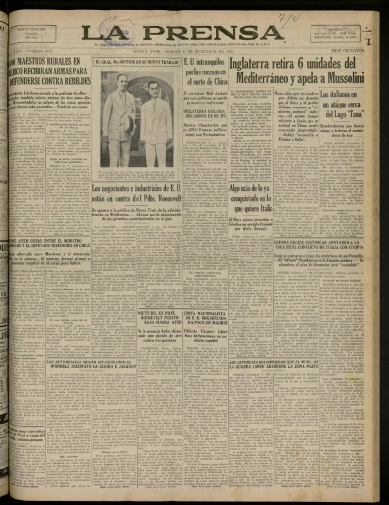 Miniatura de La Prensa: único diario español e hispano americano en Nueva York del 6 de diciembre de 1935, nº 5887