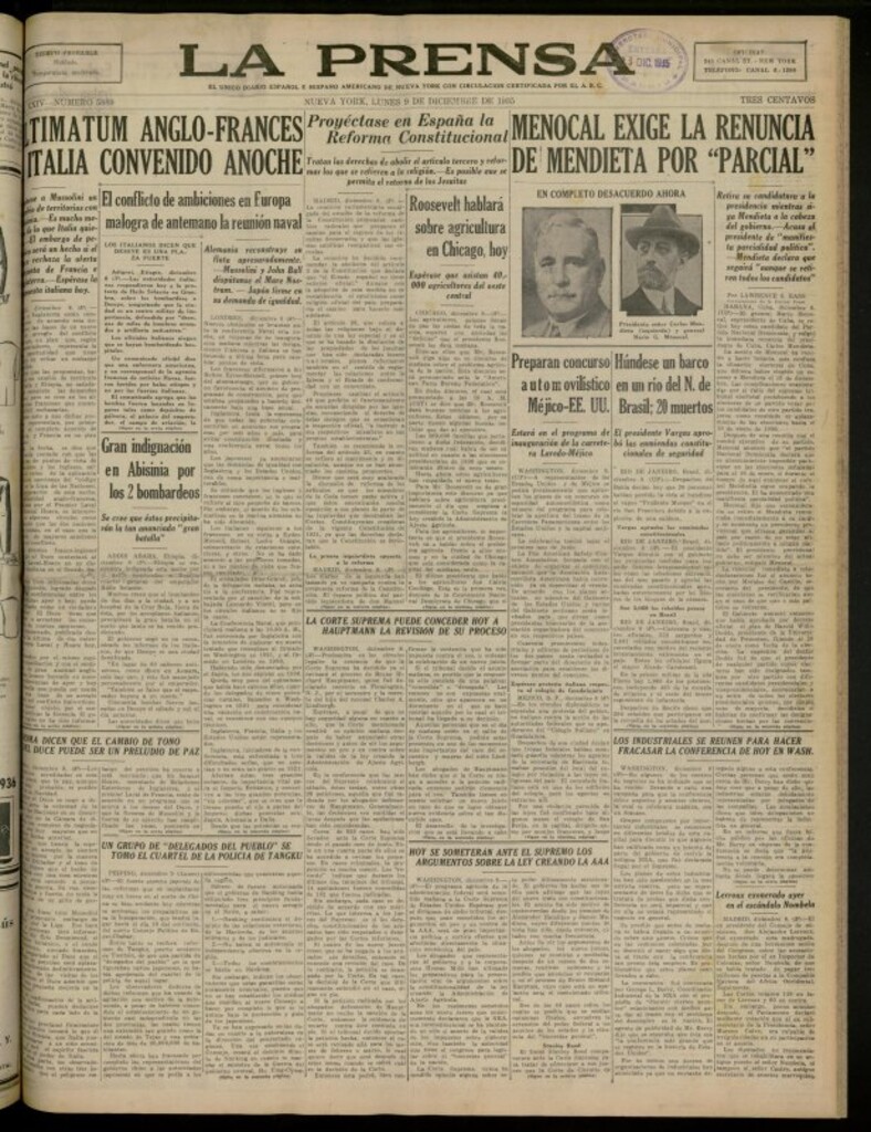 Miniatura de La Prensa: único diario español e hispano americano en Nueva York del 9 de diciembre de 1935, nº 5889