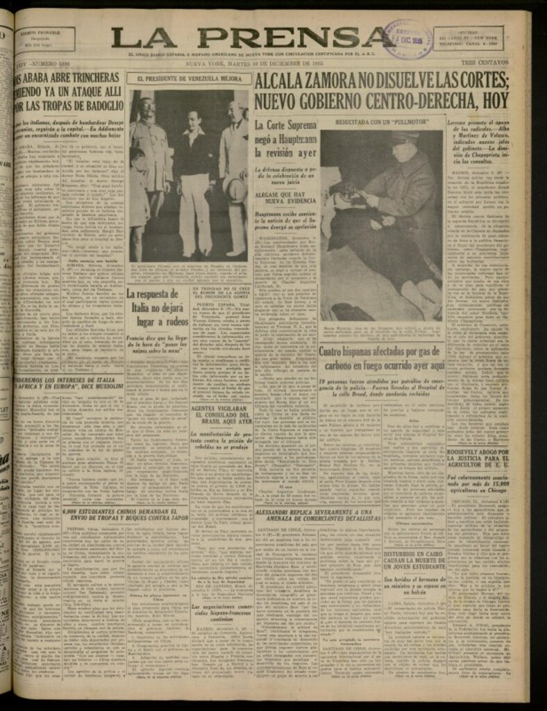 Miniatura de La Prensa: único diario español e hispano americano en Nueva York del 10 de diciembre de 1935, nº 5890