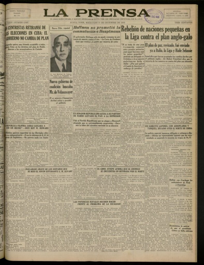 Miniatura de La Prensa: único diario español e hispano americano en Nueva York del 11 de diciembre de 1935, nº 5891