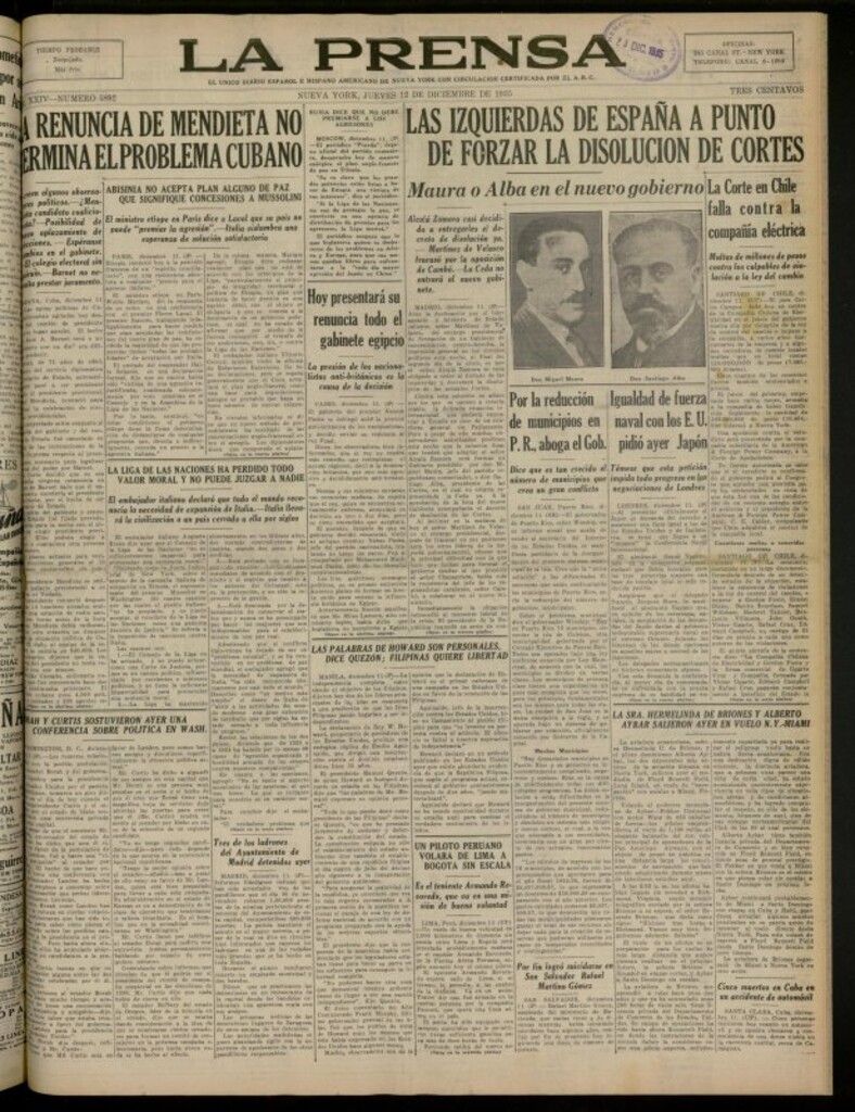Miniatura de La Prensa: único diario español e hispano americano en Nueva York del 12 de diciembre de 1935, nº 5892