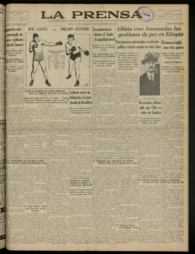 Miniatura de La Prensa: único diario español e hispano americano en Nueva York del 13 de diciembre de 1935, nº 5893