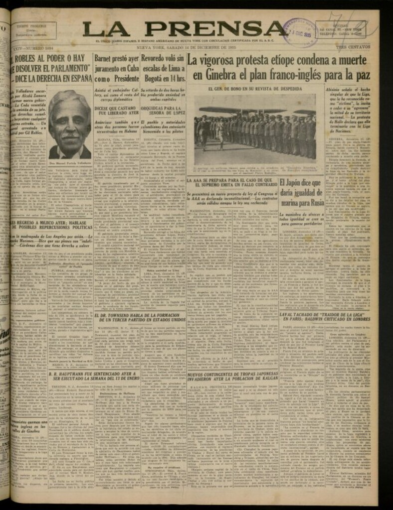 Miniatura de La Prensa: único diario español e hispano americano en Nueva York del 14 de diciembre de 1935, nº 5894