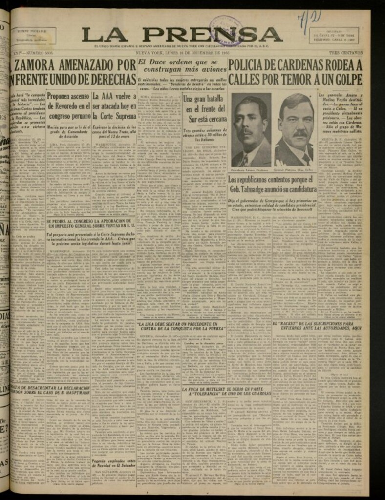 Miniatura de La Prensa: único diario español e hispano americano en Nueva York del 16 de diciembre de 1935, nº 5895