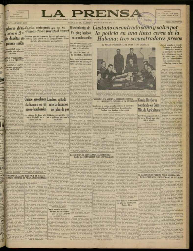 Miniatura de La Prensa: único diario español e hispano americano en Nueva York del 17 de diciembre de 1935, nº 5896
