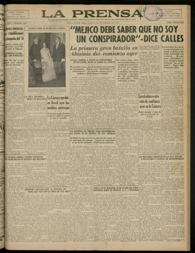 Miniatura de La Prensa: único diario español e hispano americano en Nueva York del 18 de diciembre de 1935, nº 5897