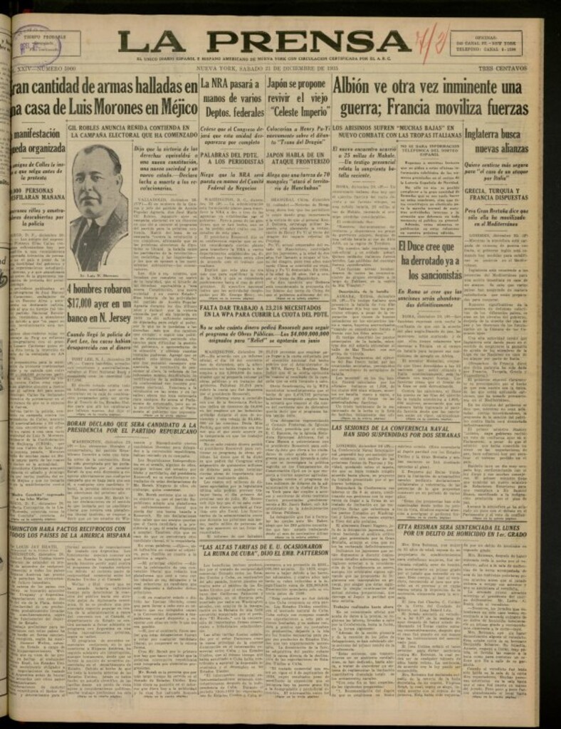 Miniatura de La Prensa: único diario español e hispano americano en Nueva York del 21 de diciembre de 1935, nº 5900