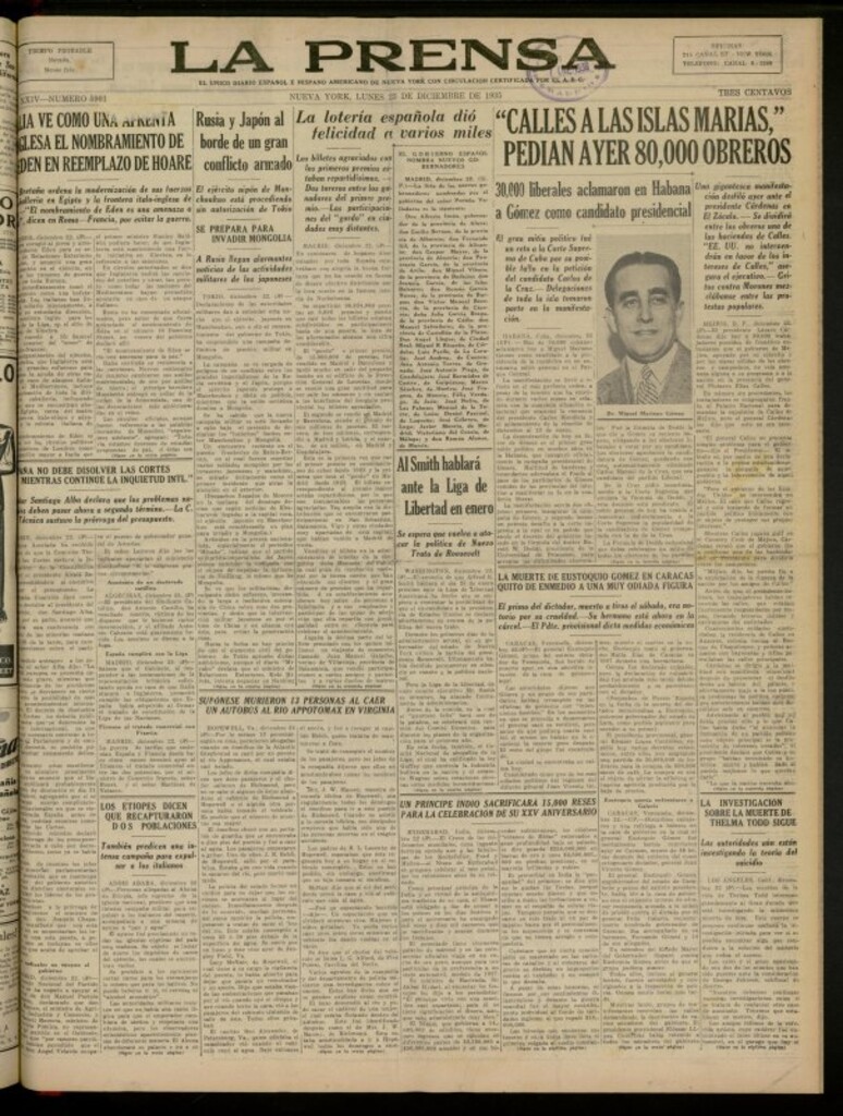Miniatura de La Prensa: único diario español e hispano americano en Nueva York del 23 de diciembre de 1935, nº 5901