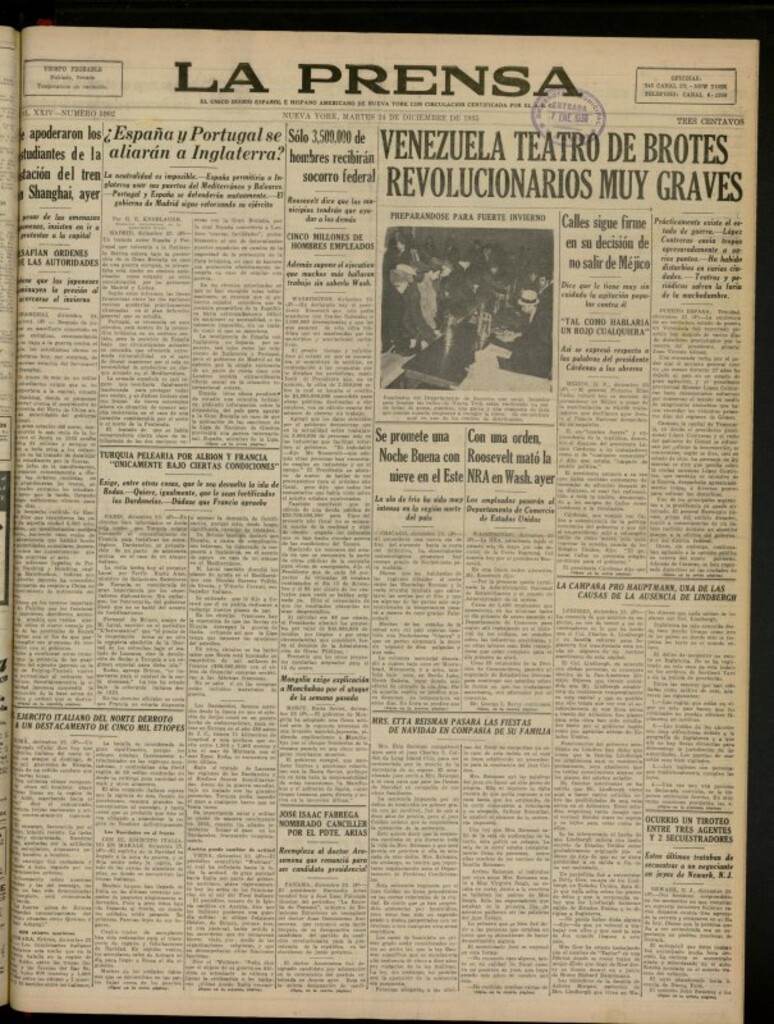 Miniatura de La Prensa: único diario español e hispano americano en Nueva York del 24 de diciembre de 1935, nº 5902
