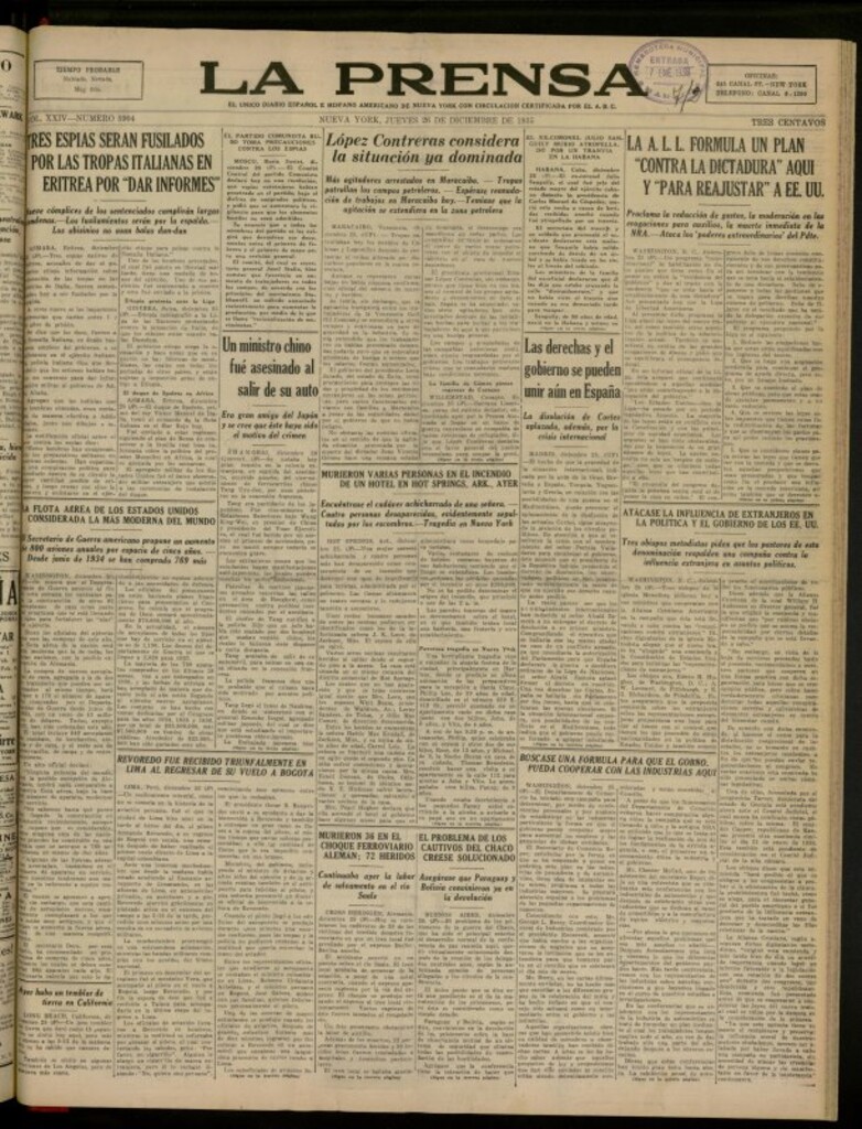 Miniatura de La Prensa: único diario español e hispano americano en Nueva York del 26 de diciembre de 1935, nº 5904