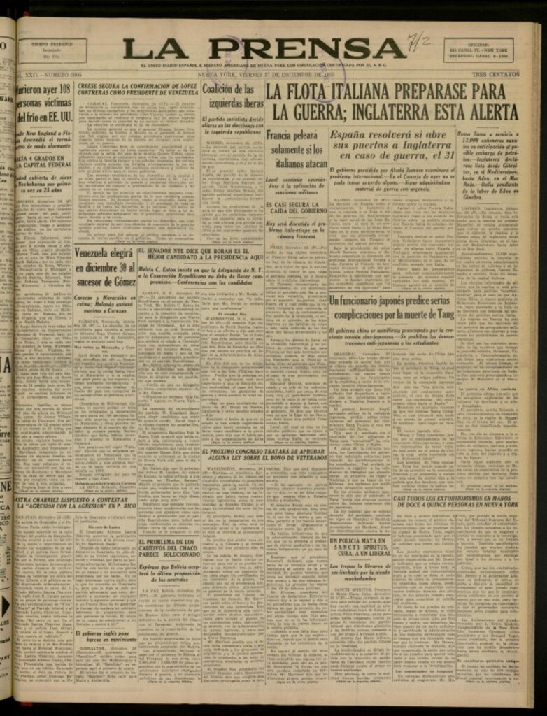 Miniatura de La Prensa: único diario español e hispano americano en Nueva York del 27 de diciembre de 1935, nº 5905