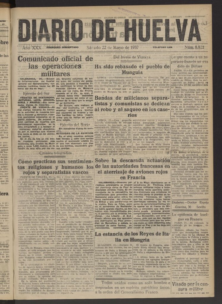 Miniatura de Diario de Huelva : periódico independiente del 22 de mayo de 1937