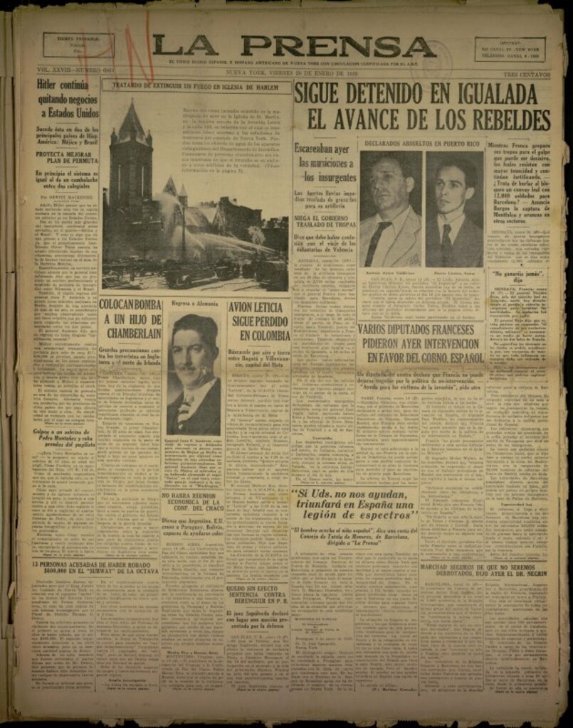 Miniatura de La Prensa: único diario español e hispano americano en Nueva York del 20 de enero de 1939, nº 6864