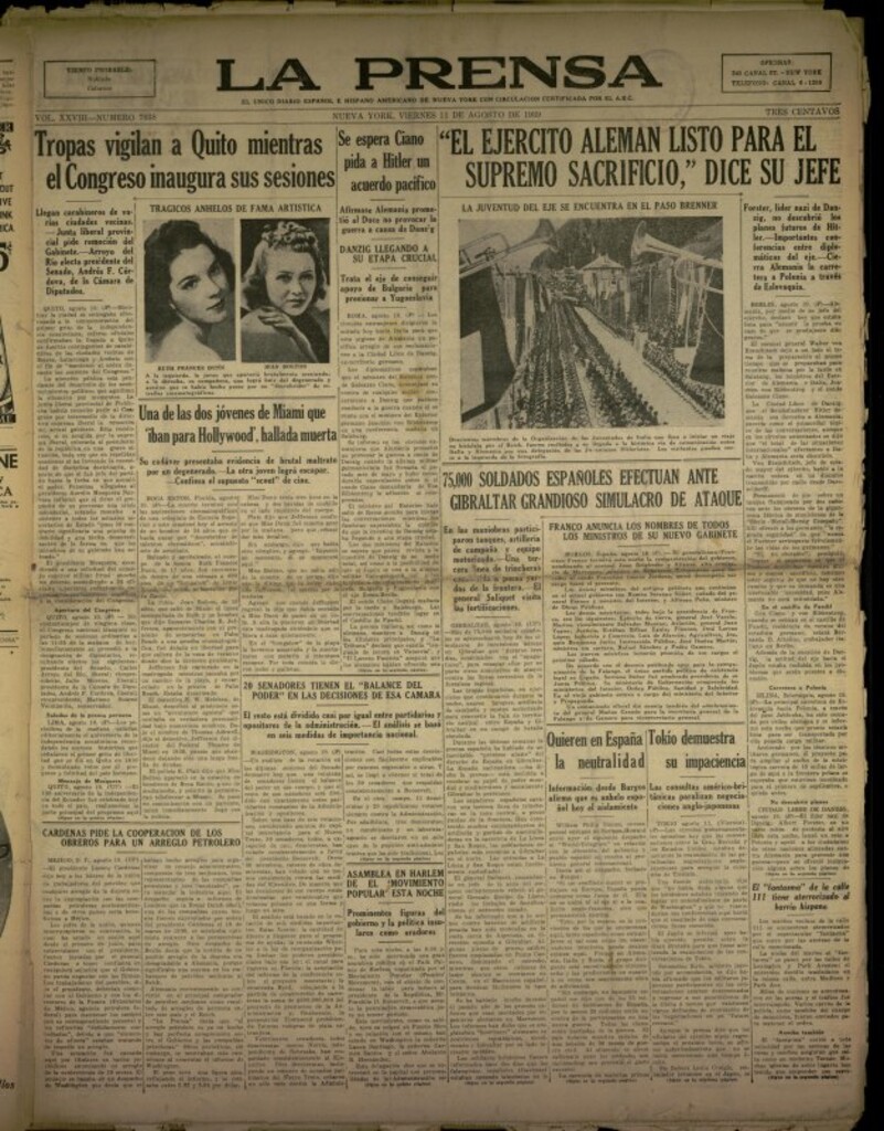 Miniatura de La Prensa: único diario español e hispano americano en Nueva York del 11 de agosto de 1939, nº 7038