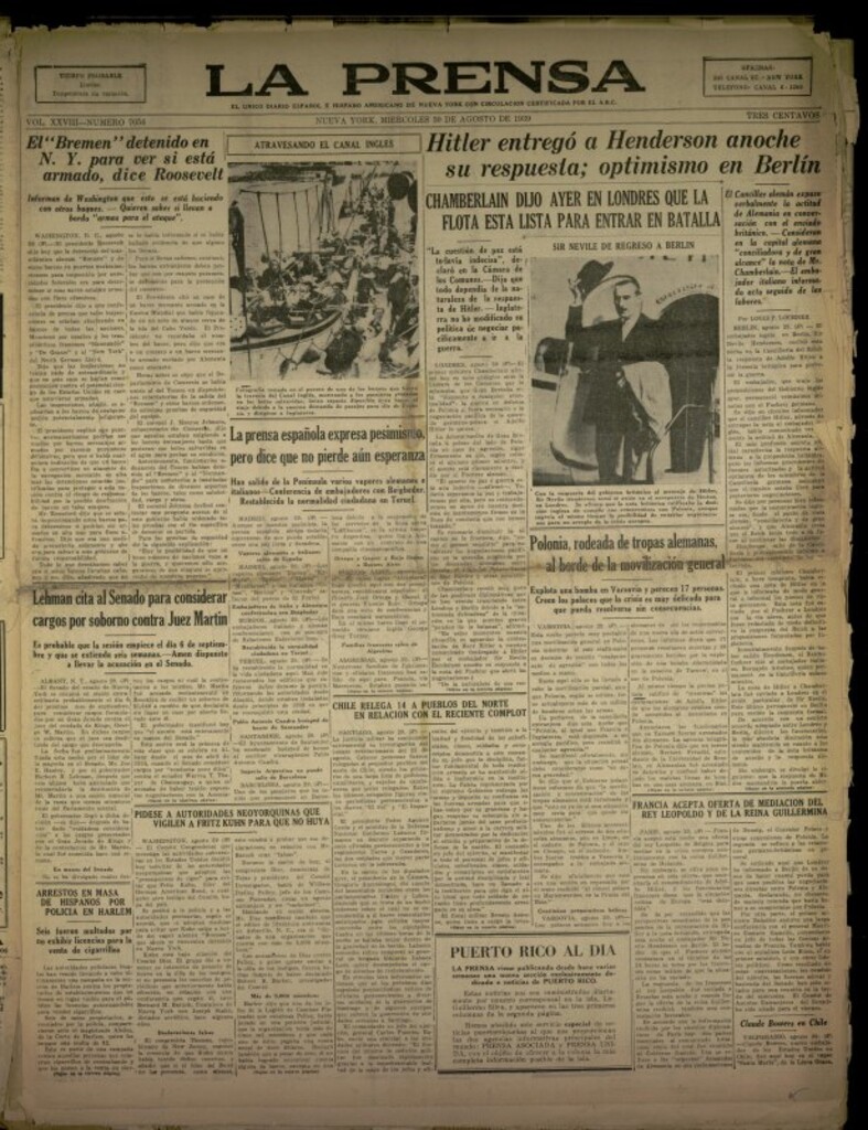 Miniatura de La Prensa: único diario español e hispano americano en Nueva York del 30 de agosto de 1939, nº 7054