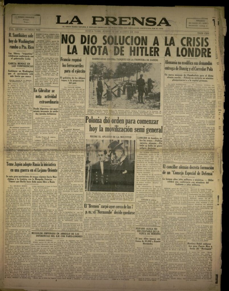 Miniatura de La Prensa: único diario español e hispano americano en Nueva York del 31 de agosto de 1939, nº 7055
