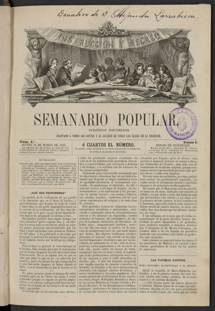 Miniatura de Semanario popular: periódico pintoresco del 13 de marzo de 1862, nº 1