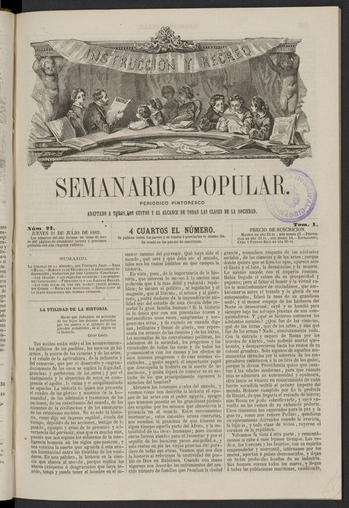 Miniatura de Semanario popular: periódico pintoresco del 31 de julio de 1862, nº 21