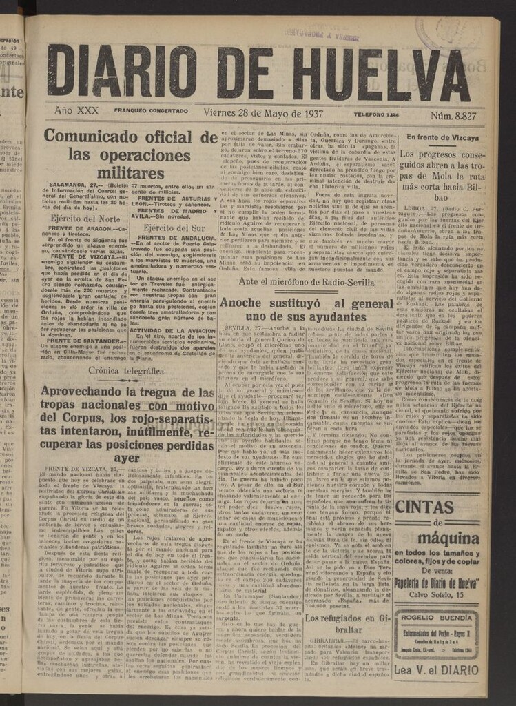 Miniatura de Diario de Huelva : periódico independiente del 28 de mayo de 1937