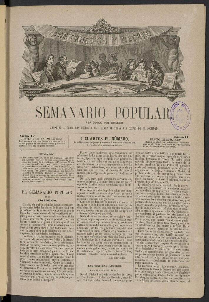 Miniatura de Semanario popular: periódico pintoresco del 5 de marzo de 1863, nº 1