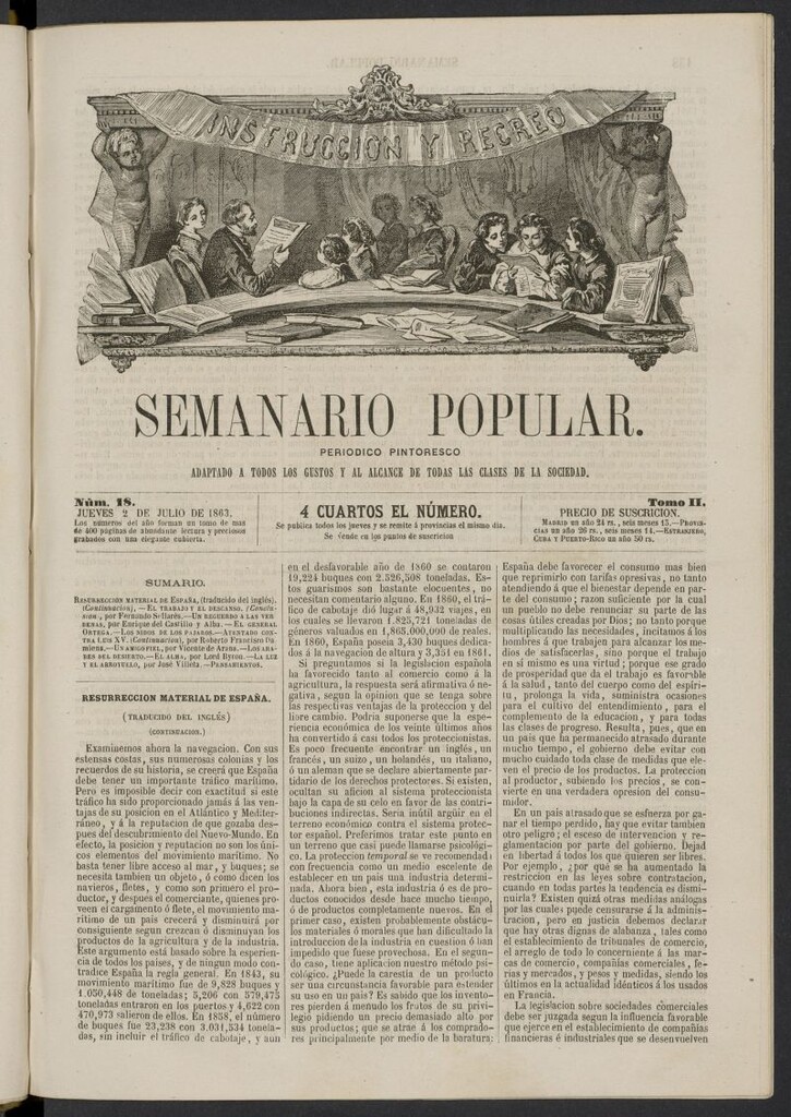 Miniatura de Semanario popular: periódico pintoresco del 2 de julio de 1863, nº 18