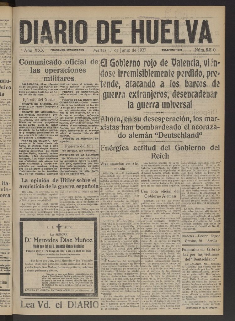 Miniatura de Diario de Huelva : periódico independiente del 1 de junio de 1937