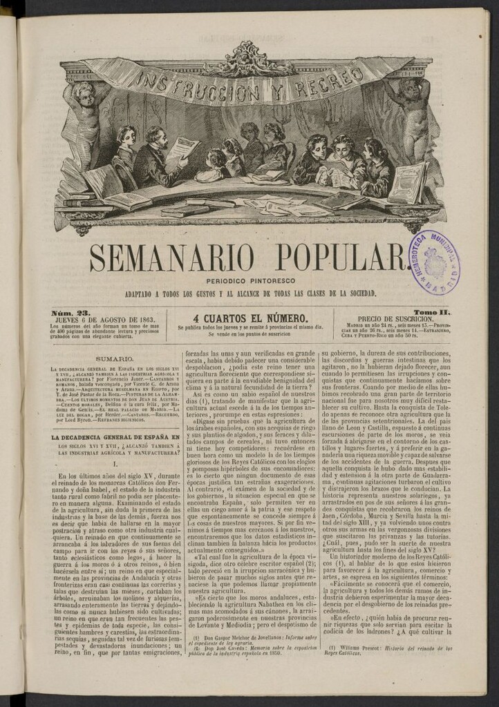 Miniatura de Semanario popular: periódico pintoresco del 6 de agosto de 1863, nº 23