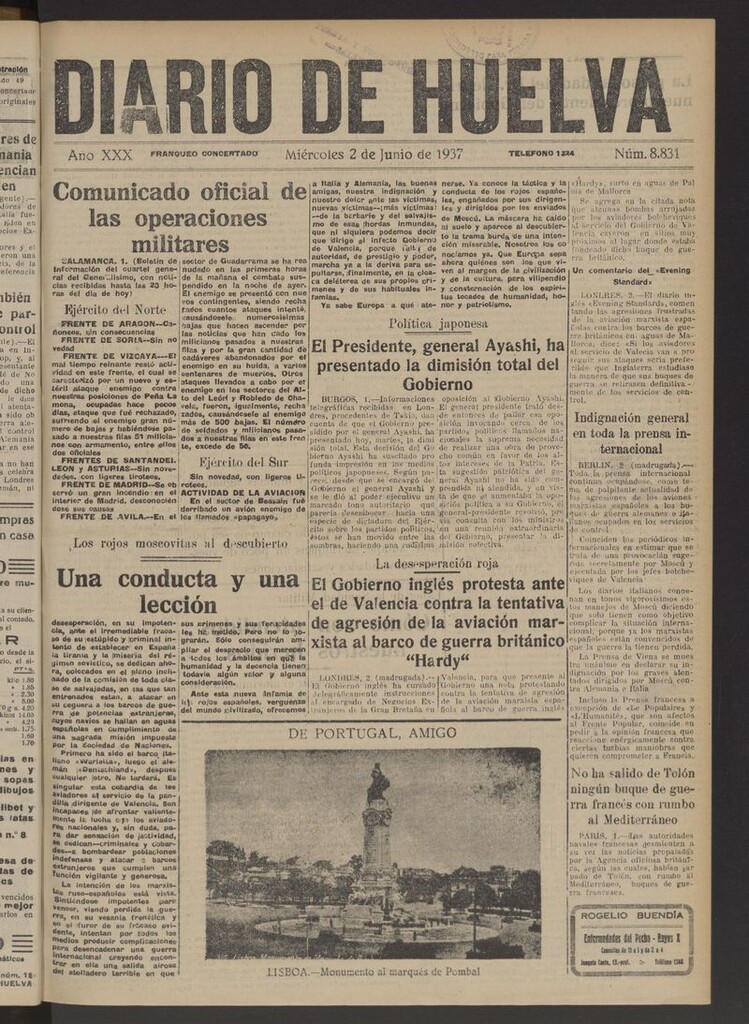 Miniatura de Diario de Huelva : periódico independiente del 2 de junio de 1937