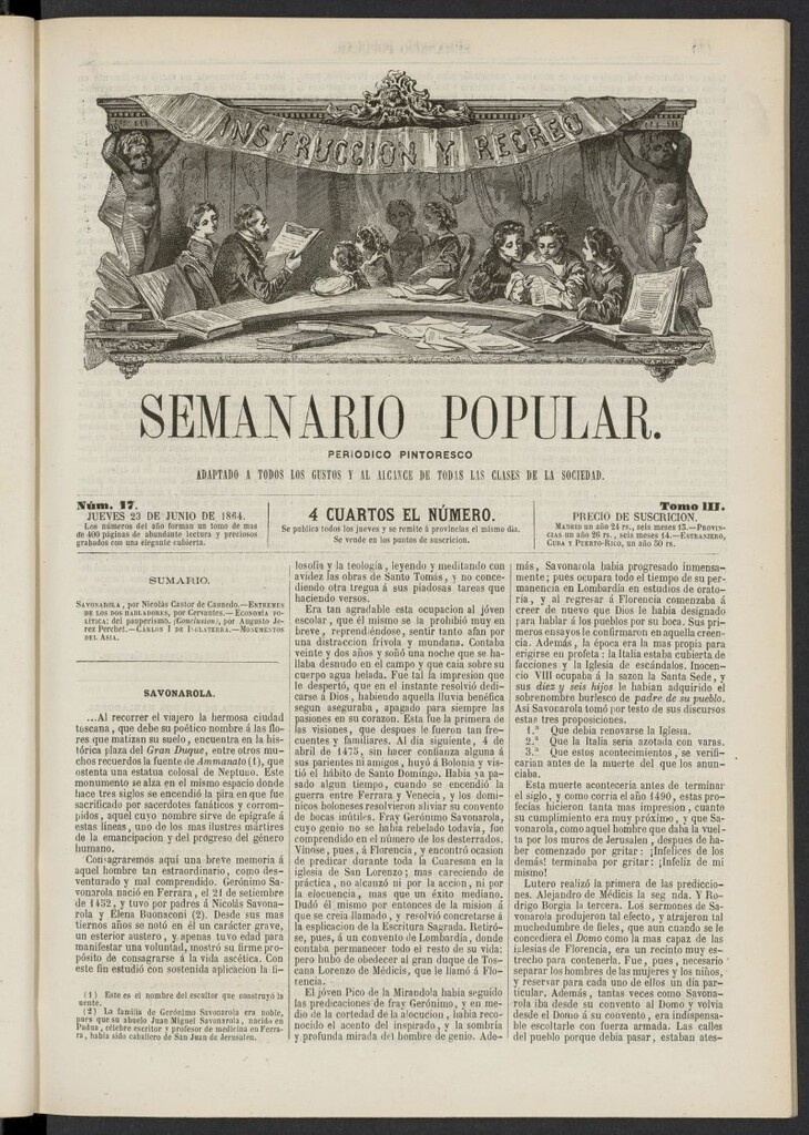 Miniatura de Semanario popular: periódico pintoresco del 23 de junio de 1864, nº