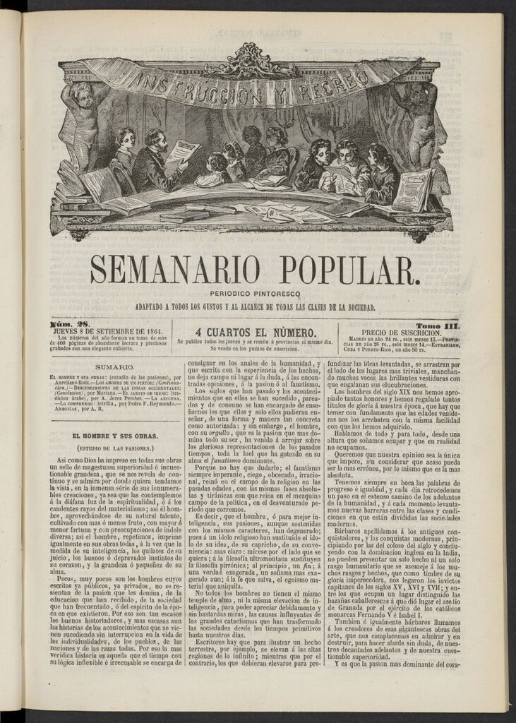 Miniatura de Semanario popular: periódico pintoresco del 8 de septiembre de 1864, nº 28