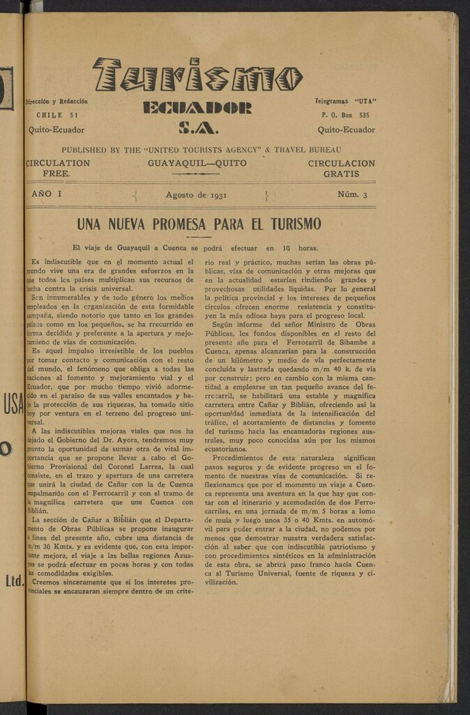Miniatura de Turismo : Ecuador s.a. de agosto de 1931