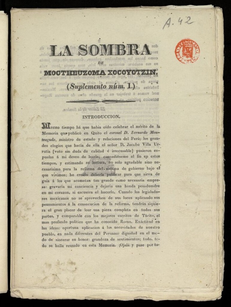 Miniatura de La Sombra de Moctheuzoma Xocoyotzin de 1834, suplemento al nº 1