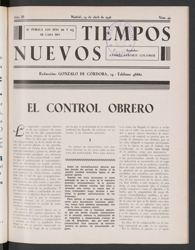 Miniatura de Tiempos Nuevos (Madrid, 1934) del 25 de abril de 1936