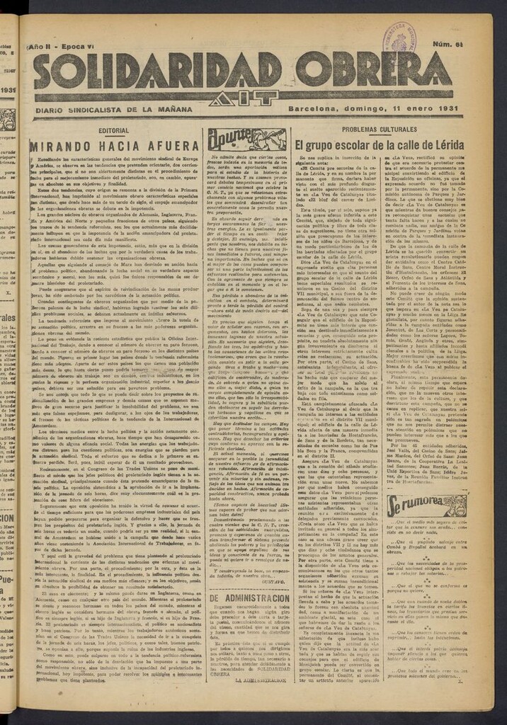 Miniatura de Solidaridad Obrera: diario de la mañana del 11 de enero de 1931