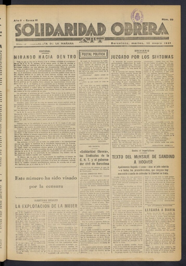 Miniatura de Solidaridad Obrera: diario de la mañana del 13 de enero de 1931