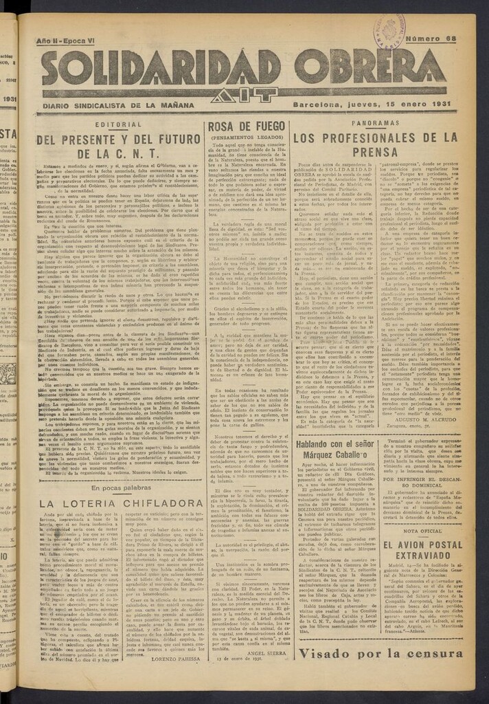 Miniatura de Solidaridad Obrera: diario de la mañana del 15 de enero de 1931