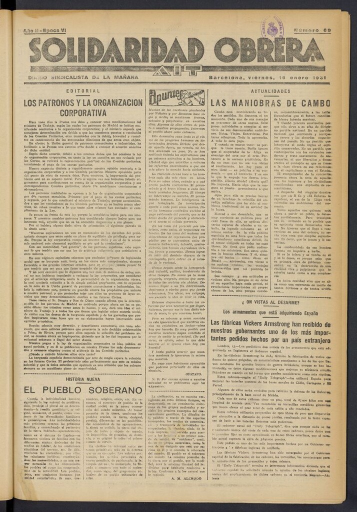 Miniatura de Solidaridad Obrera: diario de la mañana del 16 de enero de 1931
