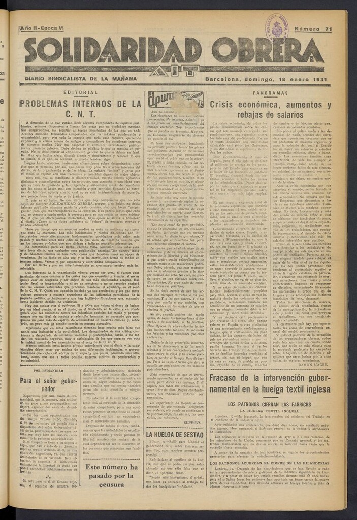 Miniatura de Solidaridad Obrera: diario de la mañana del 18 de enero de 1931