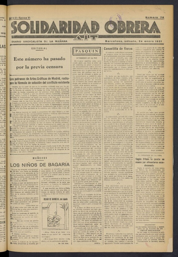 Miniatura de Solidaridad Obrera: diario de la mañana del 24 de enero de 1931